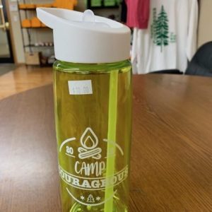 Green water bottle with white flip up straw lid.