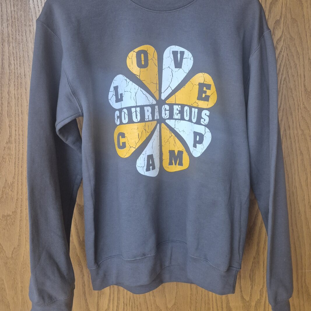 Charcoal crewneck sweatshirt with Love Camp Courageous printed on it.