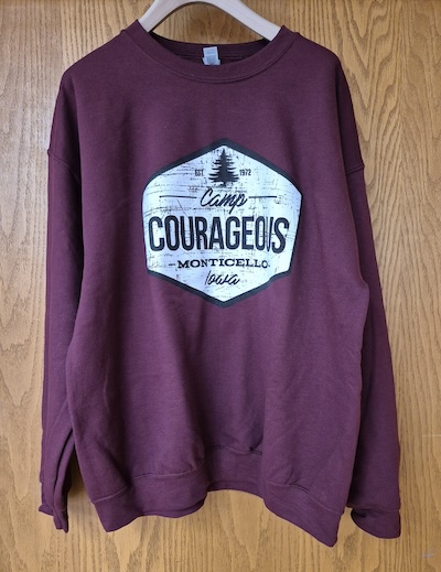 maroon crewneck with modern black and white screen print